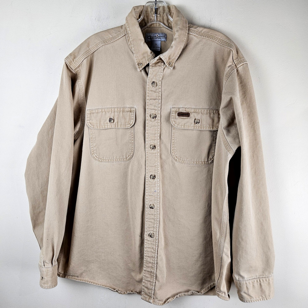 Vintage Carhartt Canvas Button Up Shirt Mens Size Large Brown Western S09 WET